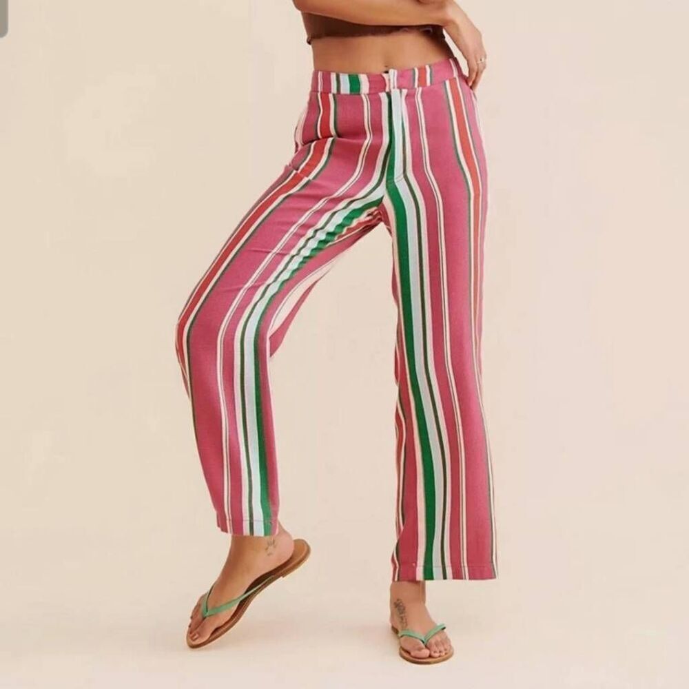 Free People Pink Striped Cropped Pants with Green & White Stripes